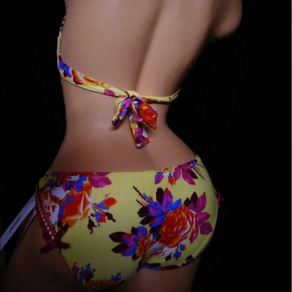 Betsey Johnson yellow pink Chez rose bikini swimsuit bottoms vintage retro pinup